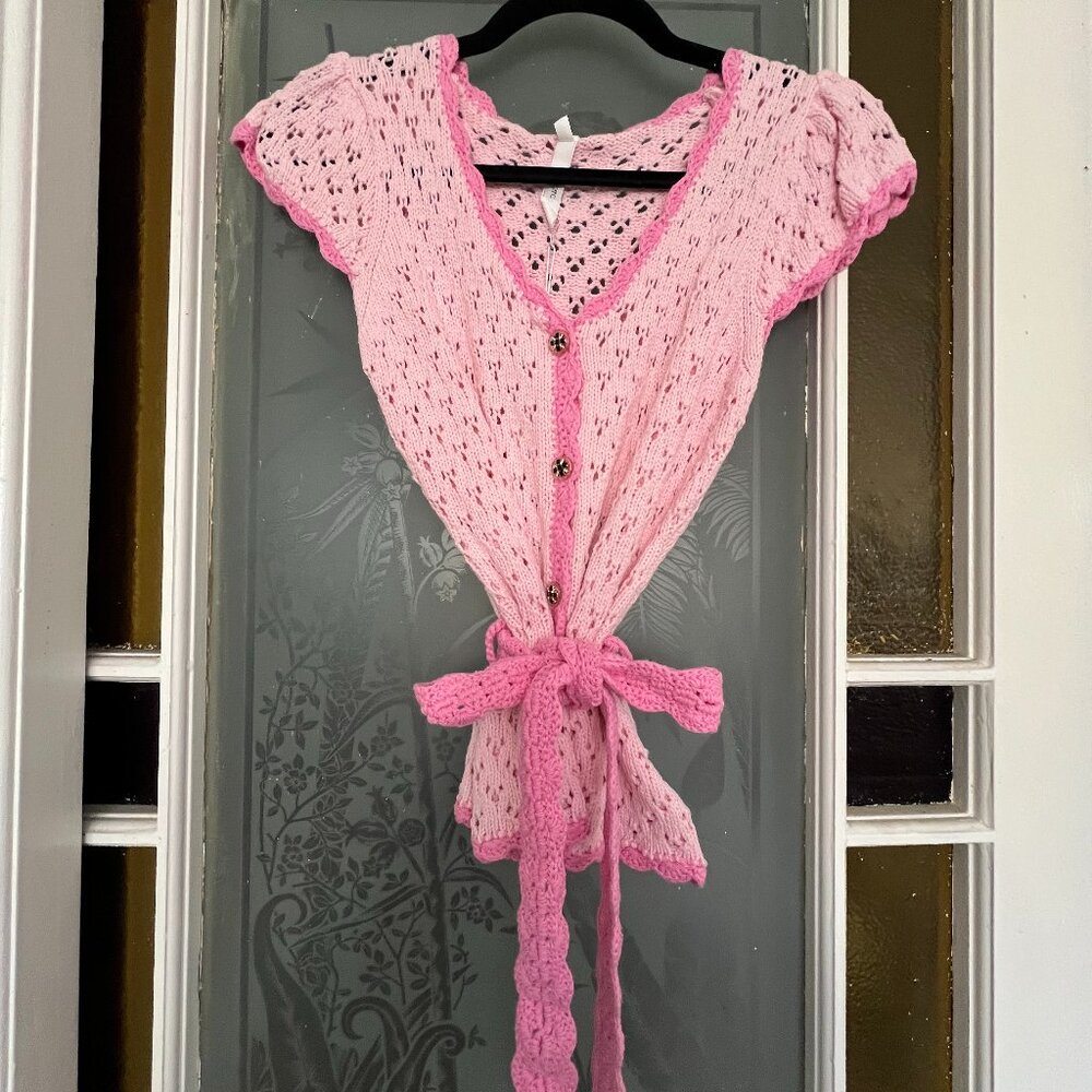 70/21 Pink Crochet Tie-Waist Short Sleeve Top